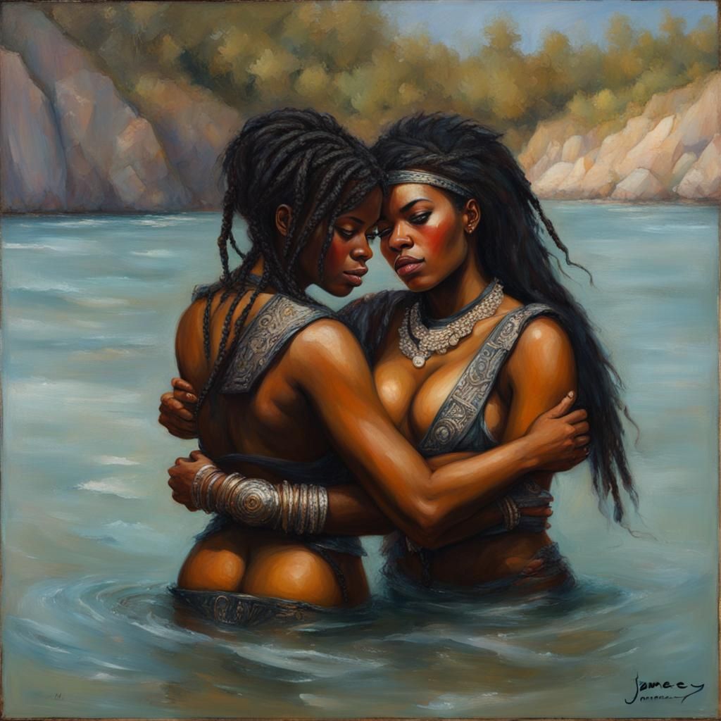 Ebony and Onyx Warriors Embrace: Oil Painting