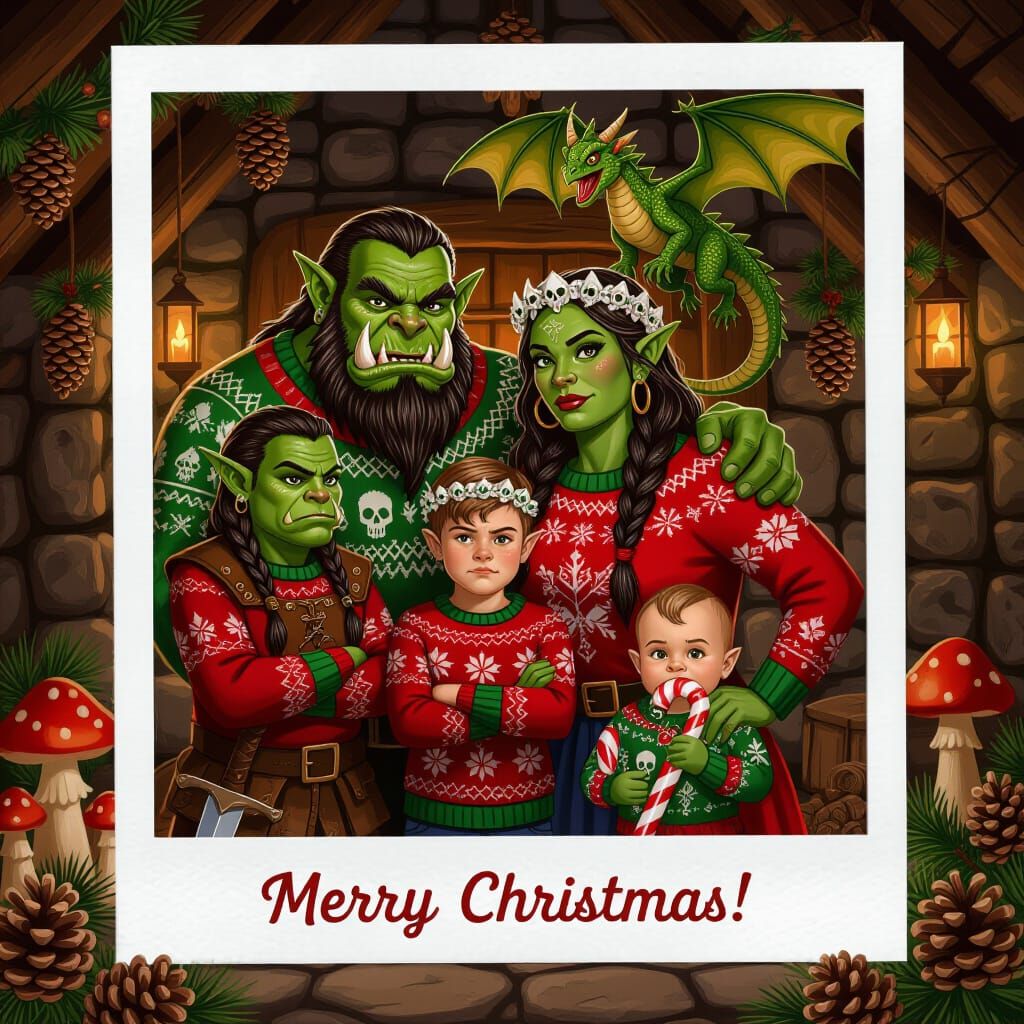 Orc Family Christmas Photo in Polaroid Style