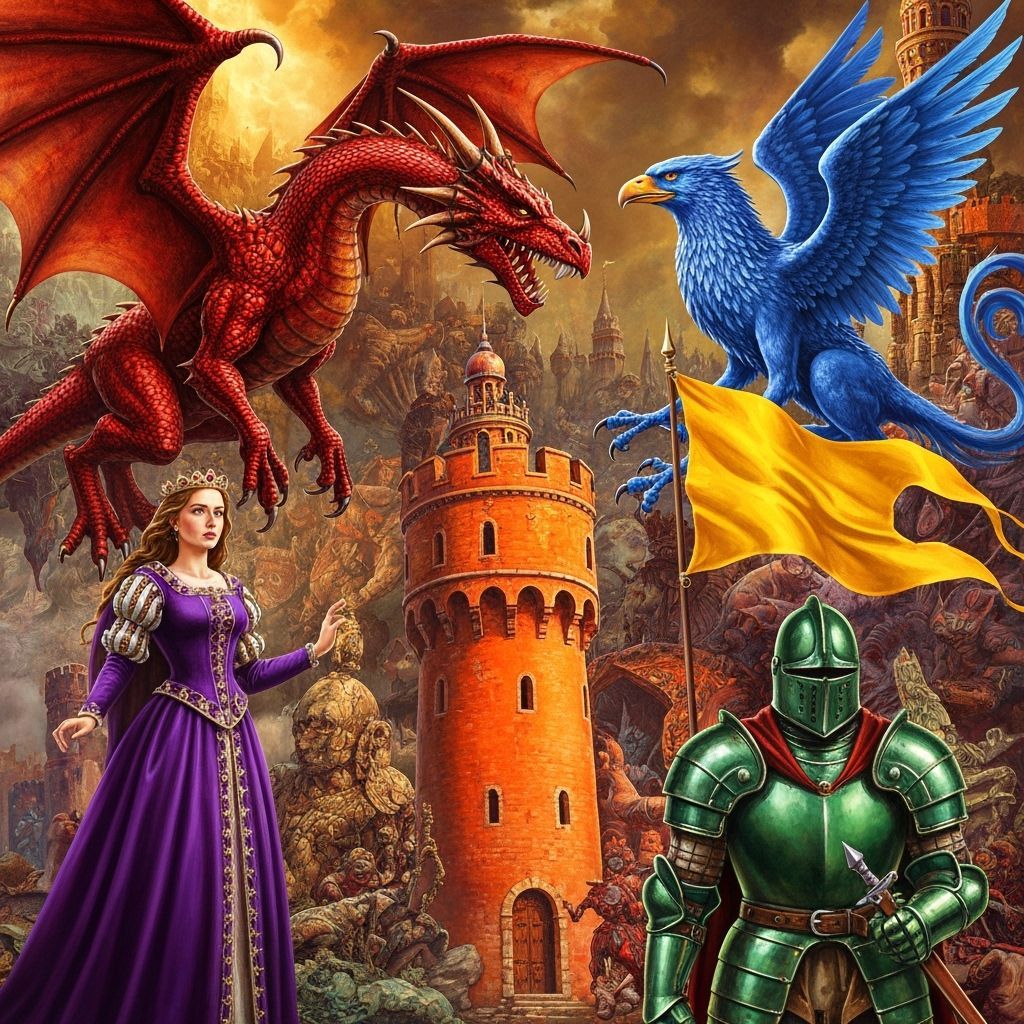 Fantasy Collage: Dragon, Griffin, Knight, and Tower