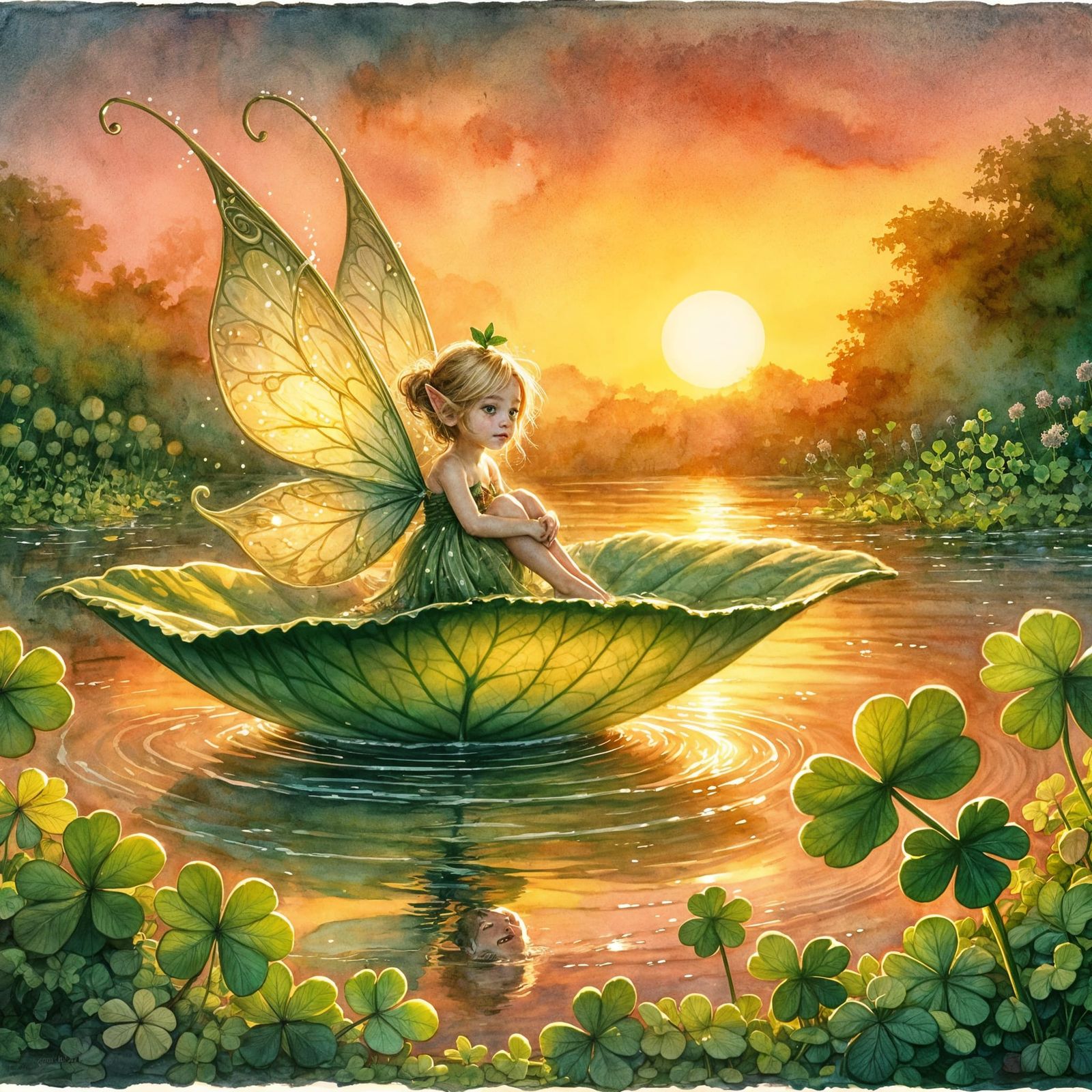 Whimsical Fairy on a Golden Sunset Leaf