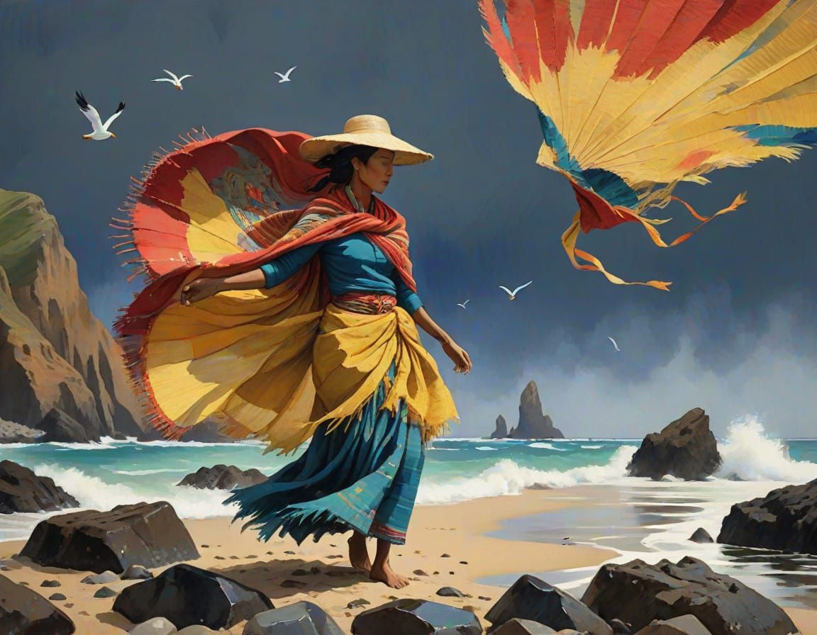 Peruvian Fisherwoman in Vibrant Textiles on Pacific Shorelin...