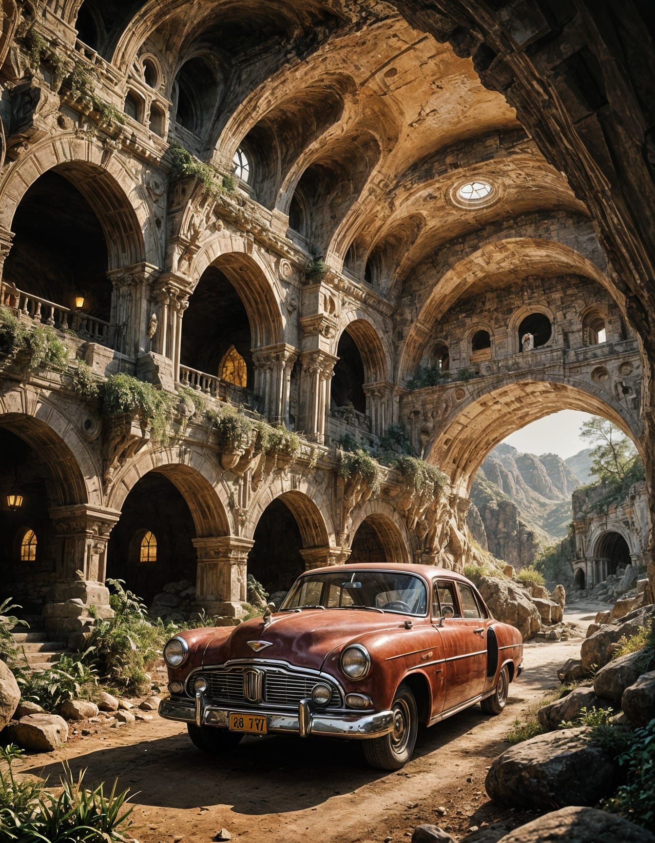 Retro-Futuristic Sedan in Stone Cave