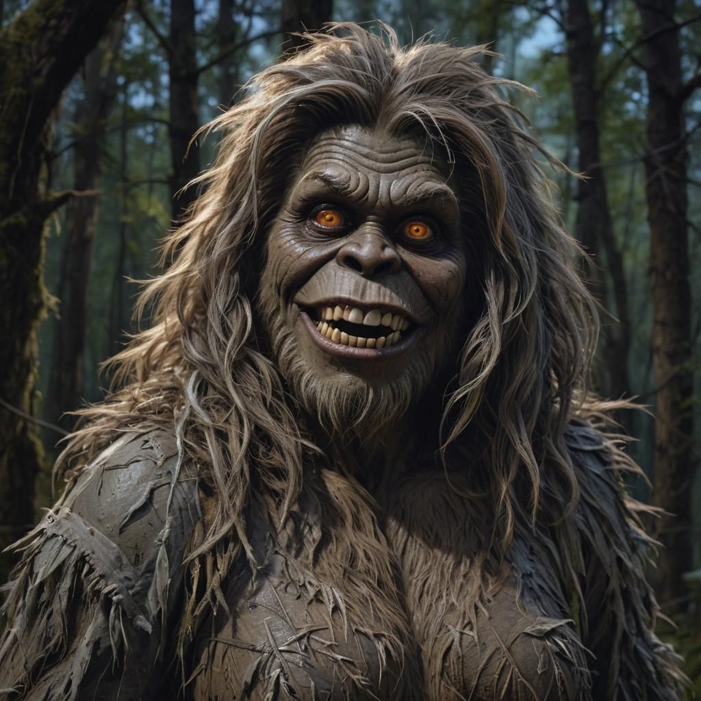 A Hyperrealistic, eerie photo of a female Bigfoot creature, ...
