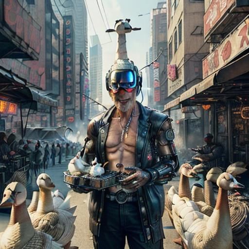 Cyberpunk Geese Serve Food in a Surreal City