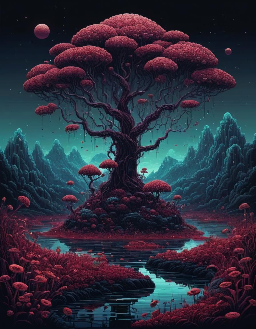 Ethereal Floral Landscape in Pixel Art Style