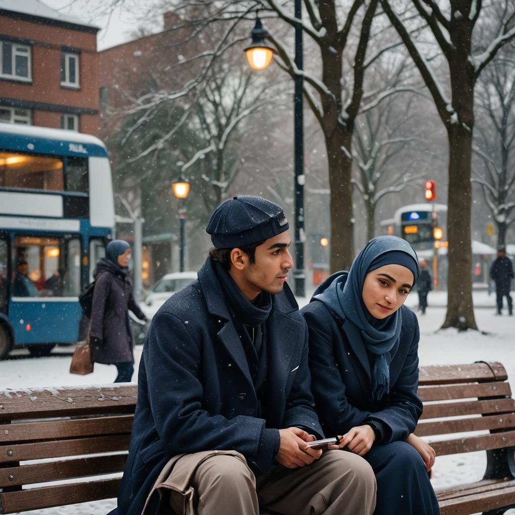Nostalgic Winter Scene at Bus Stop in Cinematic Style