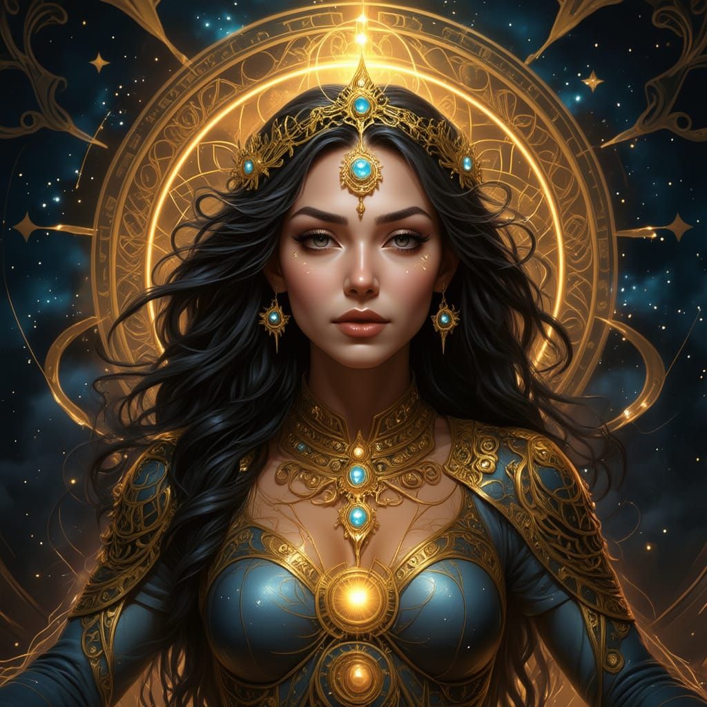 Angelic Being Adorned with Gold and Jewels in Cosmic Mandala