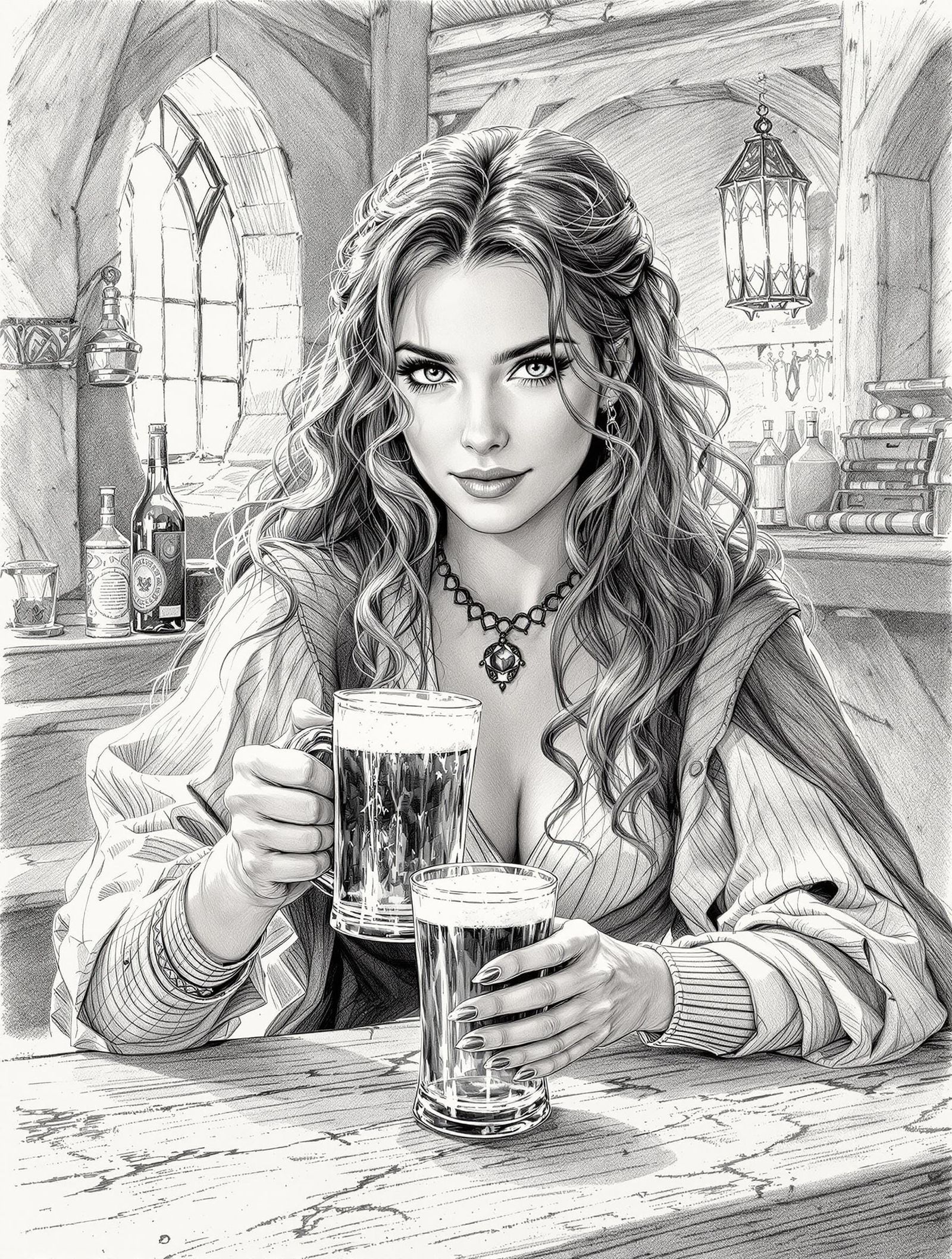 Hobbit Woman in Tavern, Whimsical Pencil Art