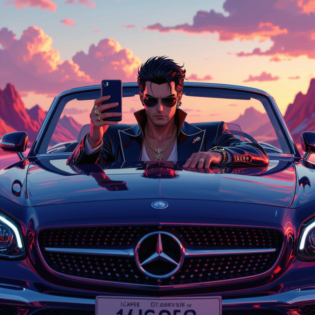 Gojo Satoru in Open-Top Car as Matte Painting