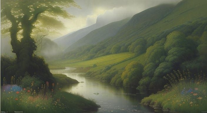 Ethereal Emerald Landscape in Whimsical Watercolor Style