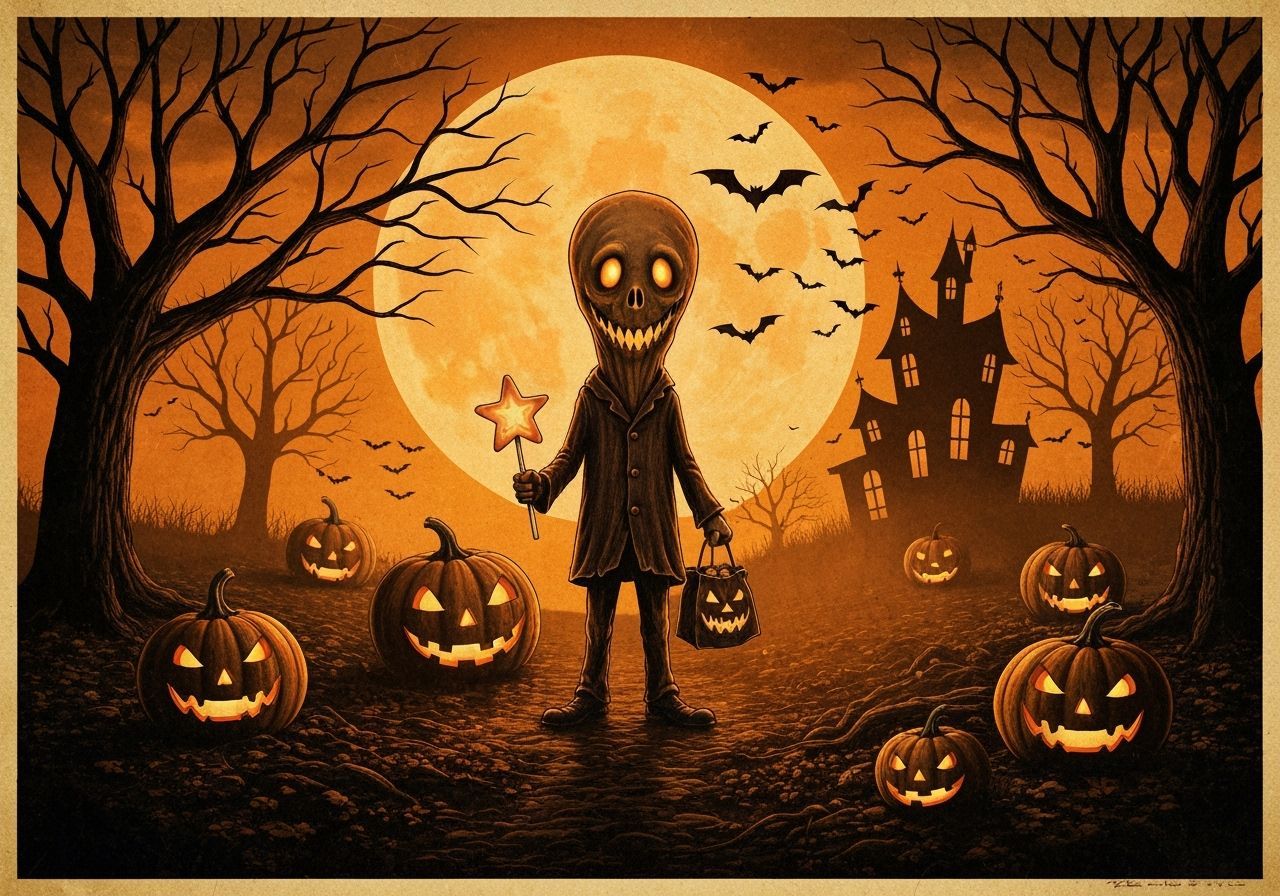 Haunting Halloween Scene with Sackheaded Trick-or-Treater an...