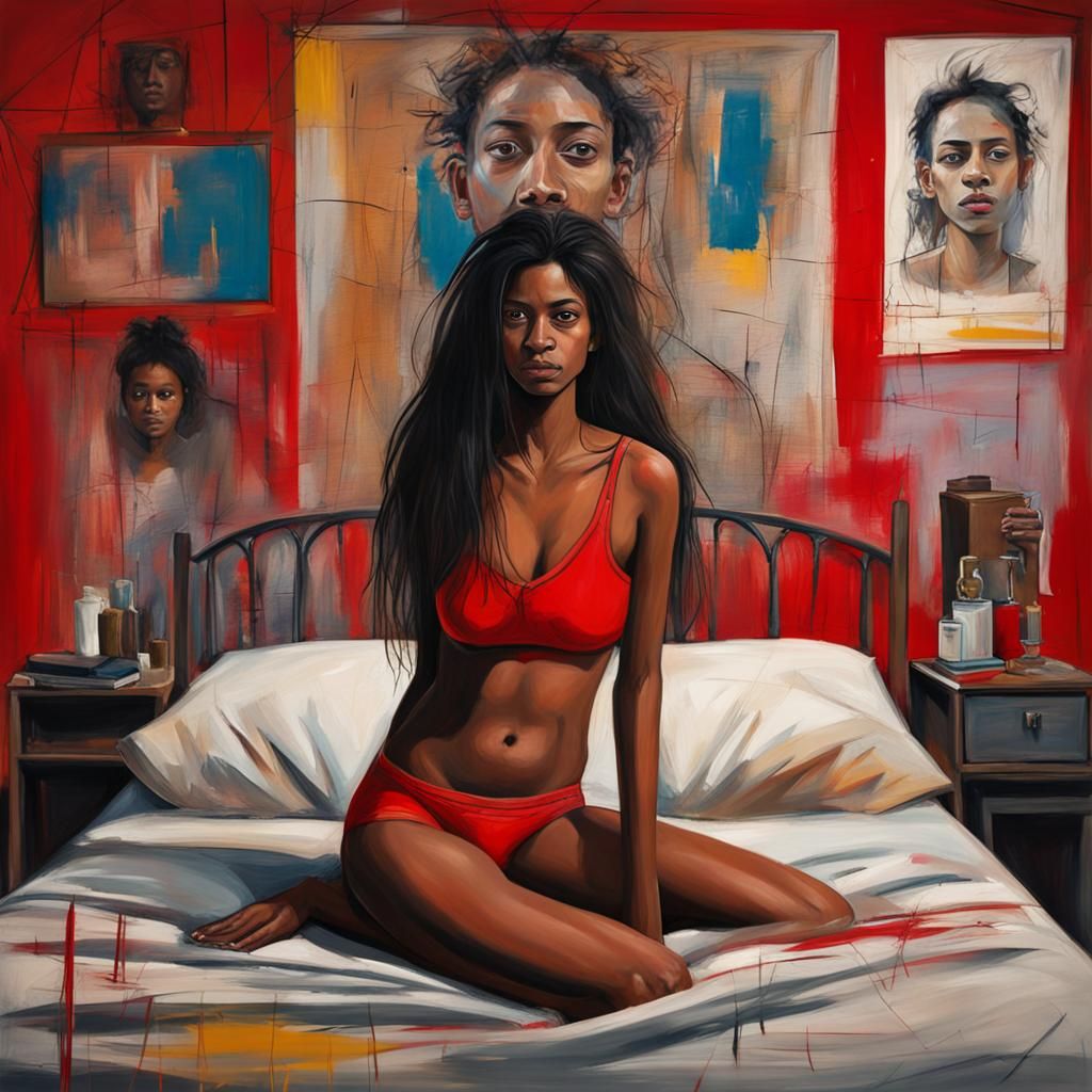 Basquiat Style Portrait of Woman in Red Underwear