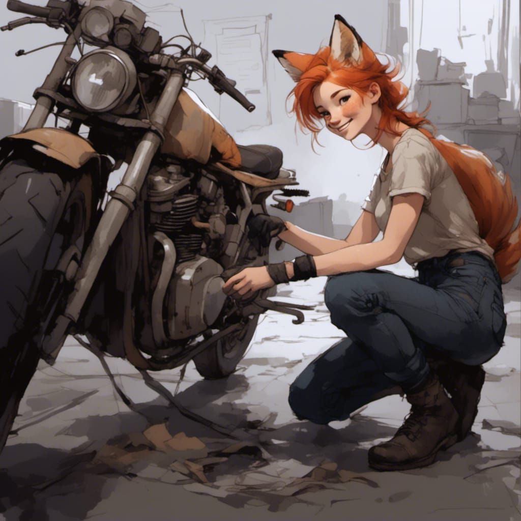 Smiling Adorable Fox-girl VIXEN fixes a motorcycle in her wo...