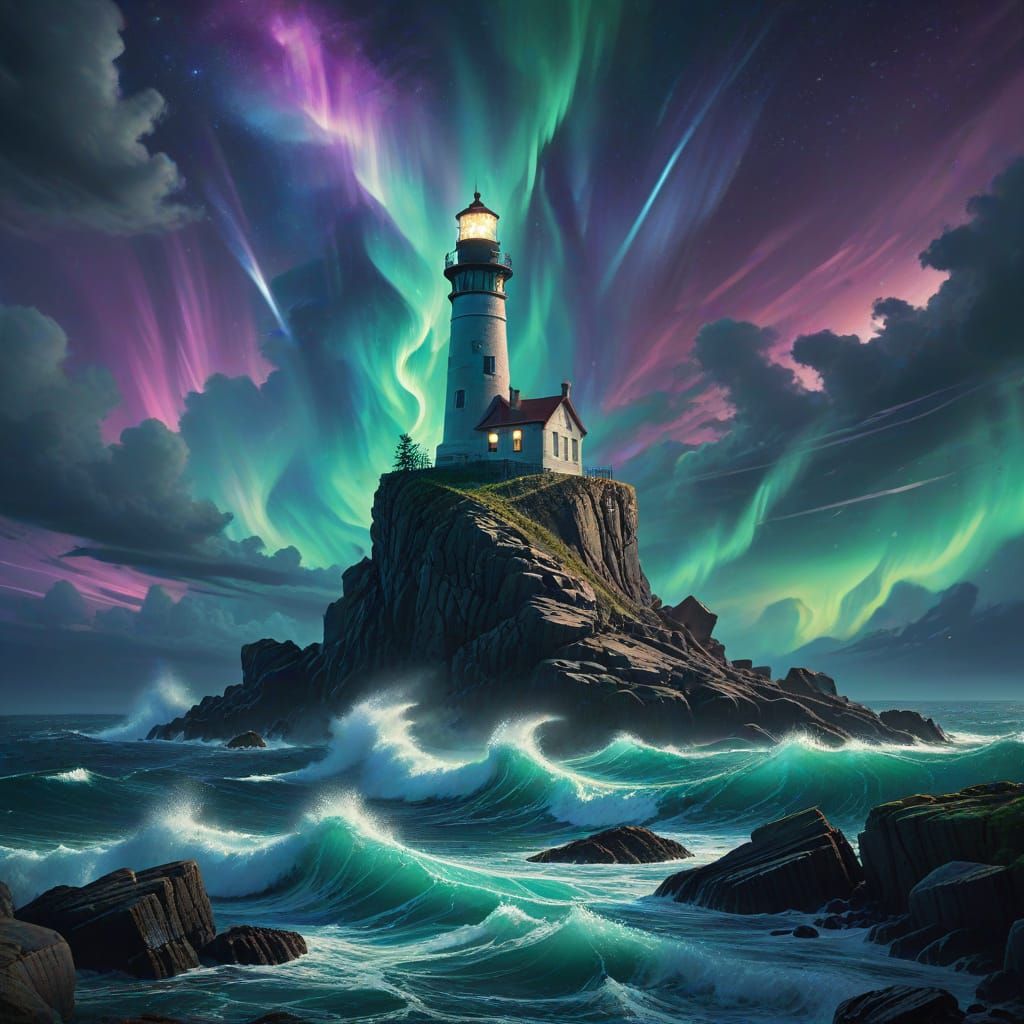 Lighthouse Amidst Turbulent Aurora - Painterly Concept Art