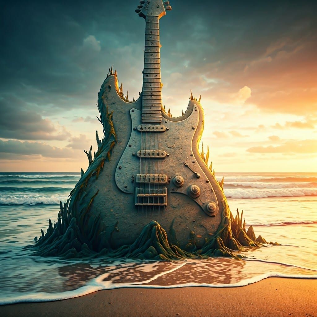 Sand Guitar Castle Washed Away: Dreamlike Digital Painting