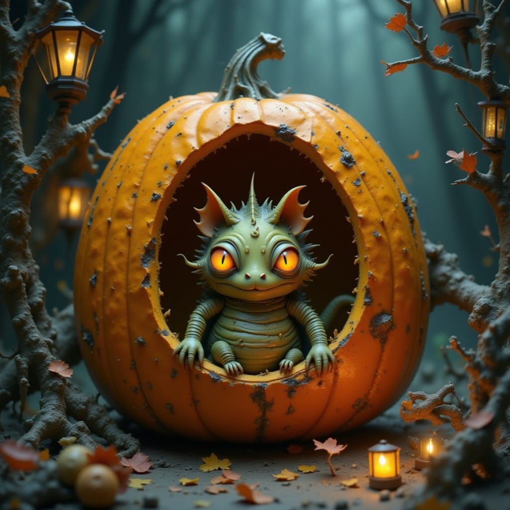 Cute Scaly Monster in Giant Pumpkin Autumn Scene