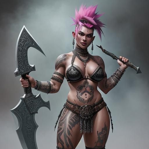 Tattooed Orc Barbarian with Axe in Ethereal Fantasy Scene