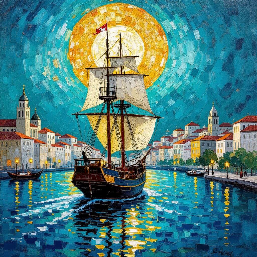 Impressionist Barquentine in Extravagant Spanish Port
