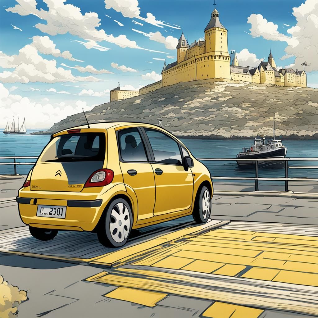 Citroen C3 on Ferry in Anime Style