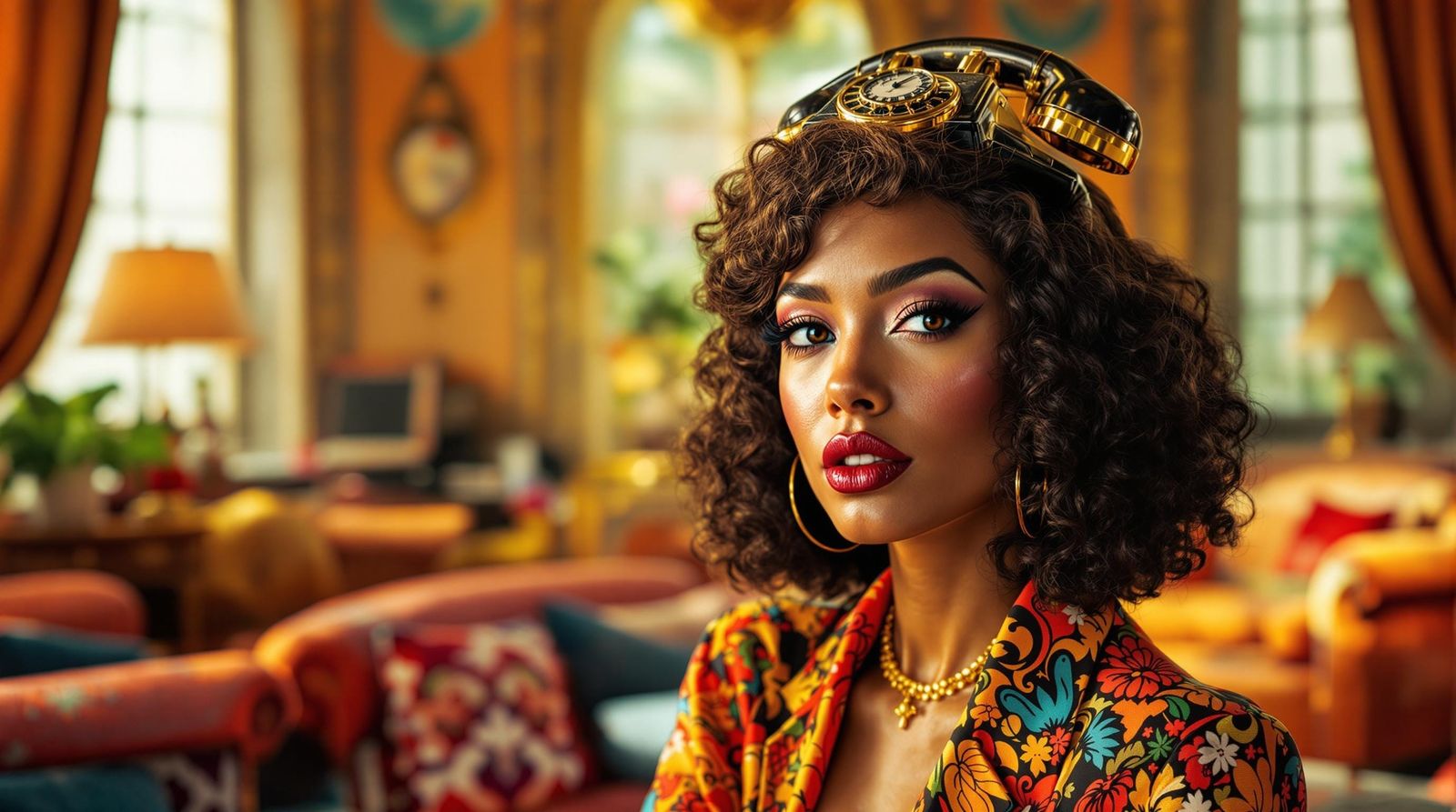 Vintage Glamour Woman with Rotary Telephone as Hat