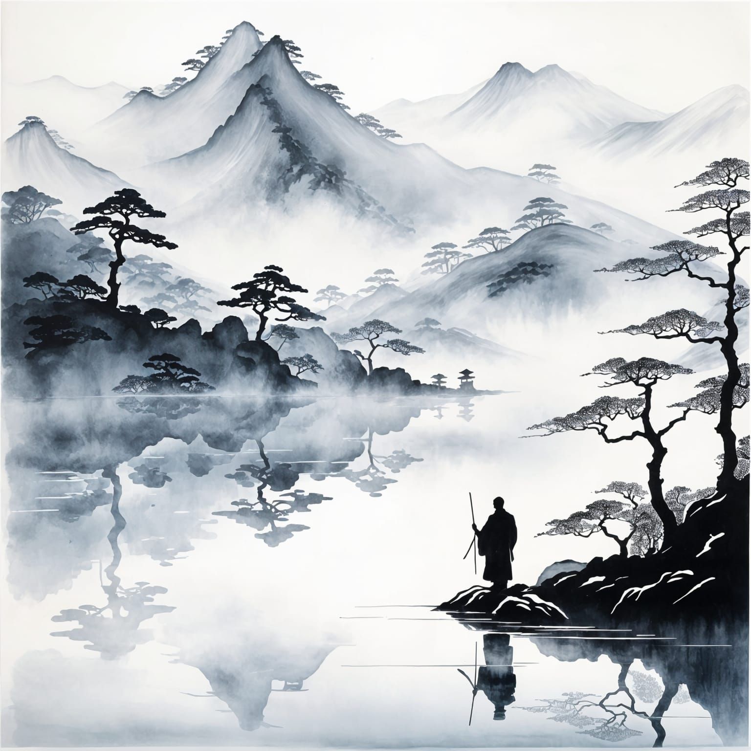 Monk Silhouette: Japanese Ink Art by Lake