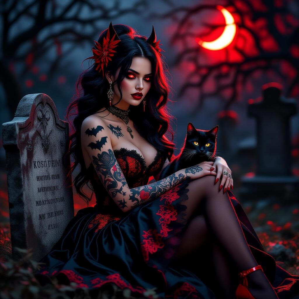 Gothic Woman with Black Cat by Gravestone