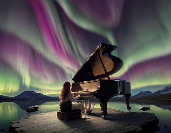 Woman Playing Piano Under Northern Lights