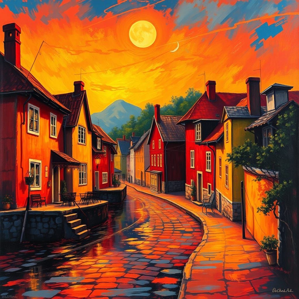 Golden Village Street Scene in Vibrant Abstraction