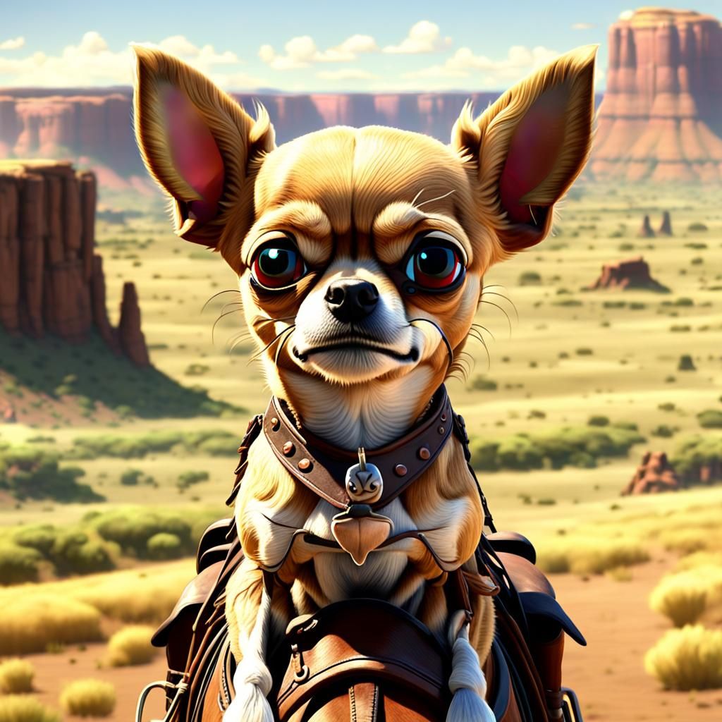 Chihuahua Rides Horse in Old West Pixar Style