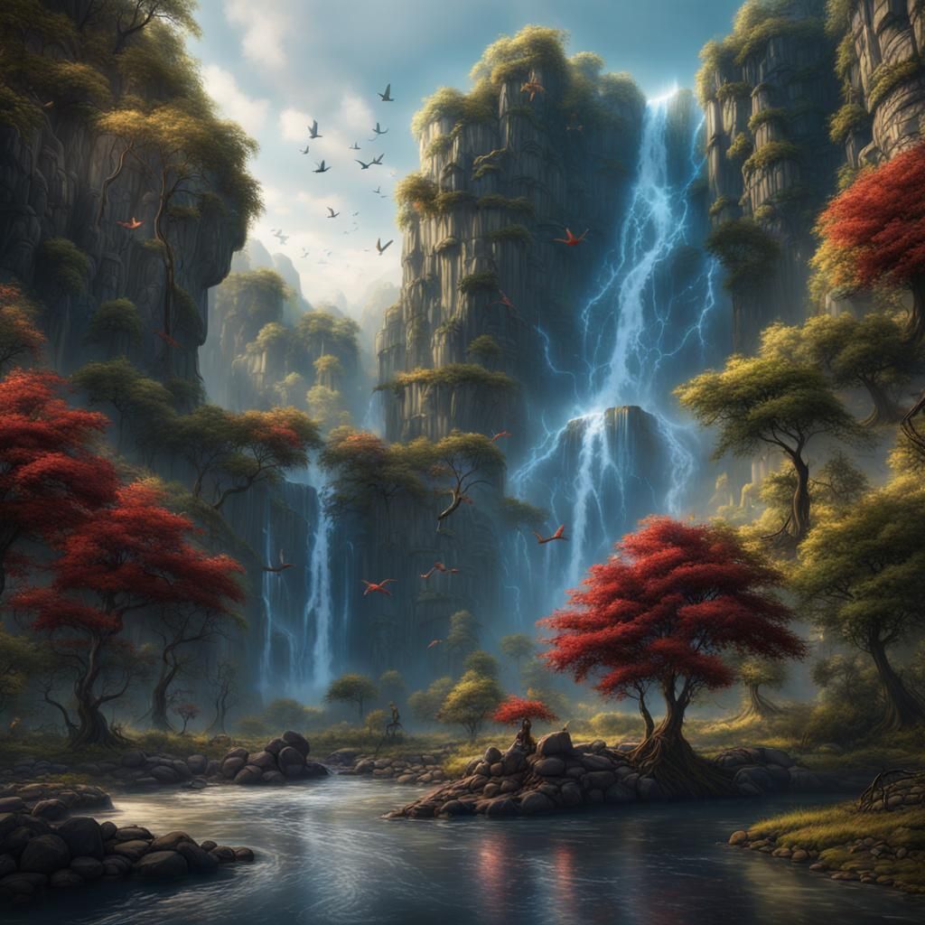 Waterfall and Birds: Detailed Matte Painting in 8k