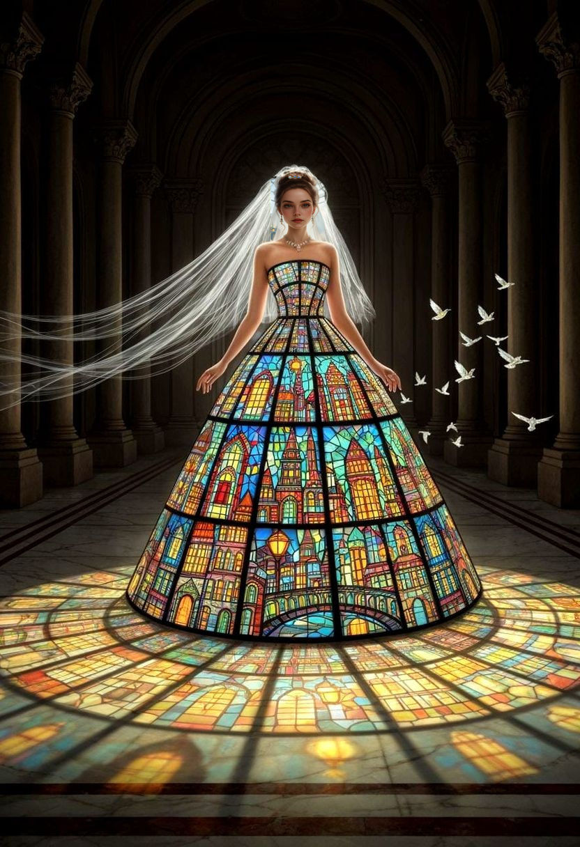 Woman in Stained Glass Ballgown in Grand Hall