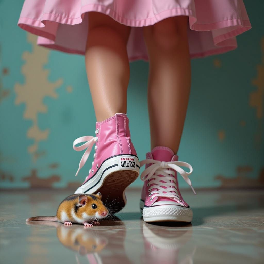 Girl in Pink Converse Gently Steps on Hamster