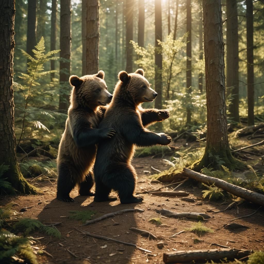Bear Cubs Playing in Forest: Cinematic Film Still