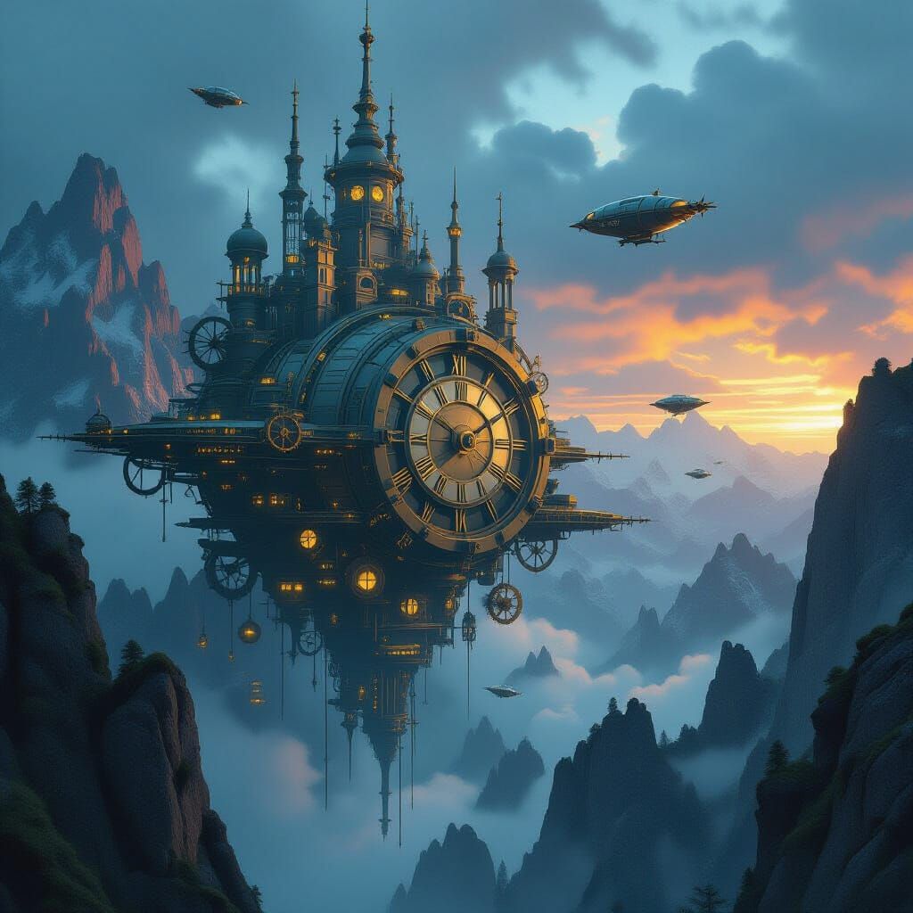 Abandoned Clockwork City Between Mountain Peaks in Twilight