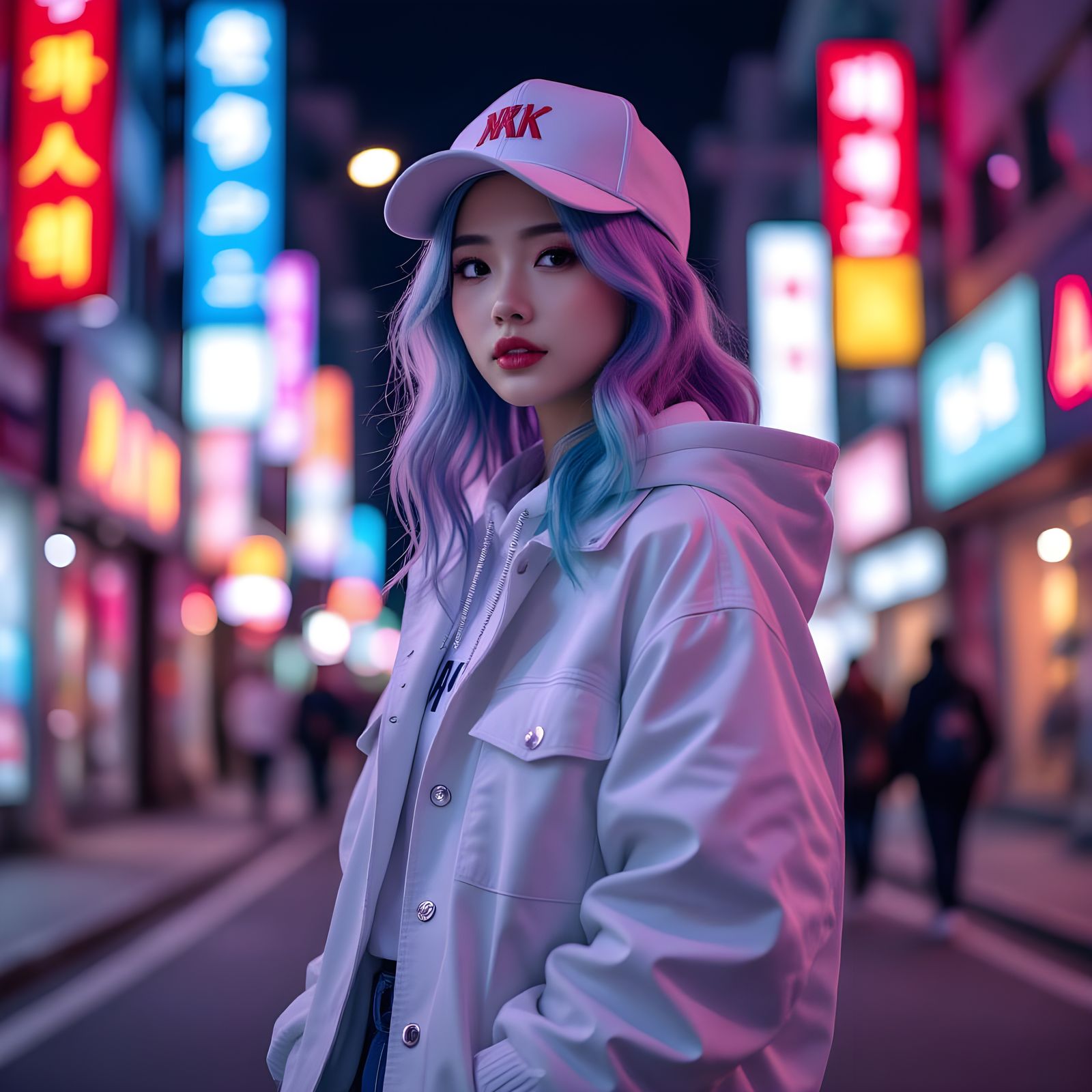 Korean Teenager in Neon City: Realistic DSLR Photo