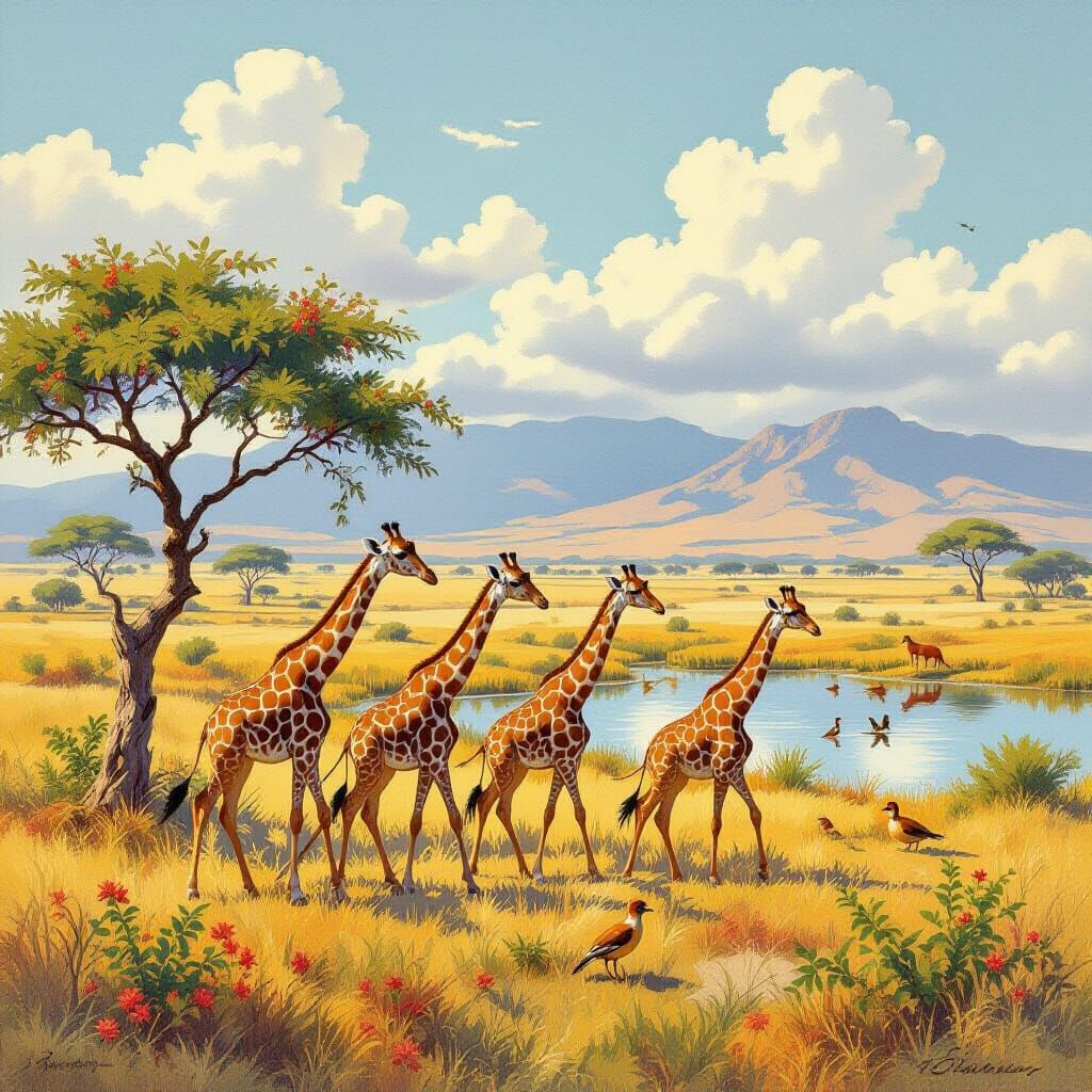 Giraffes Grazing on the African Savanna as Oil Painting