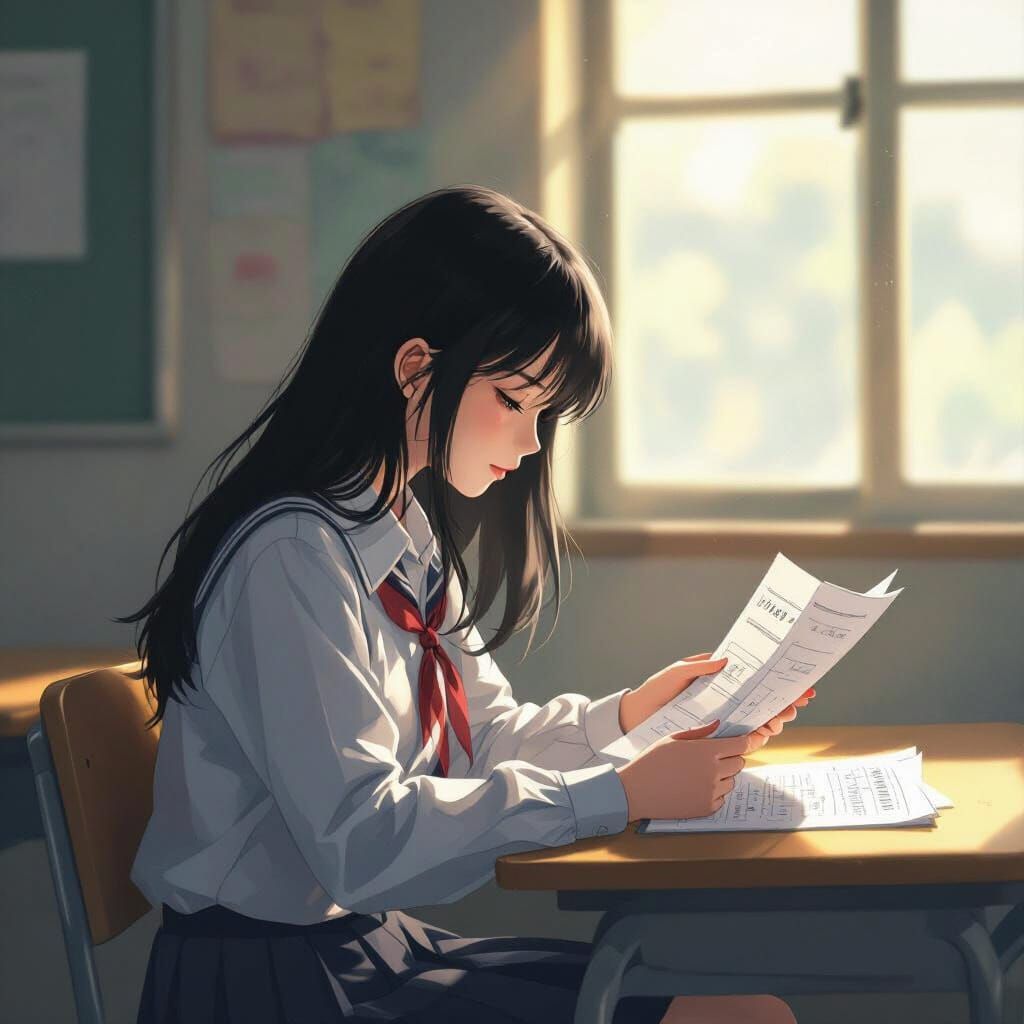 Melancholy Student with Low Score in Sunlit Classroom
