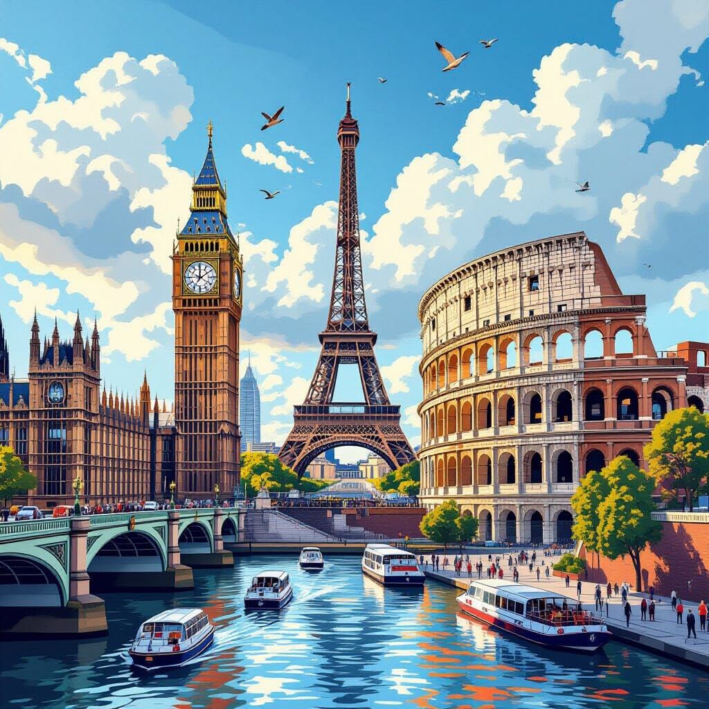 Hyperrealistic Collage of London, Paris, and Rome