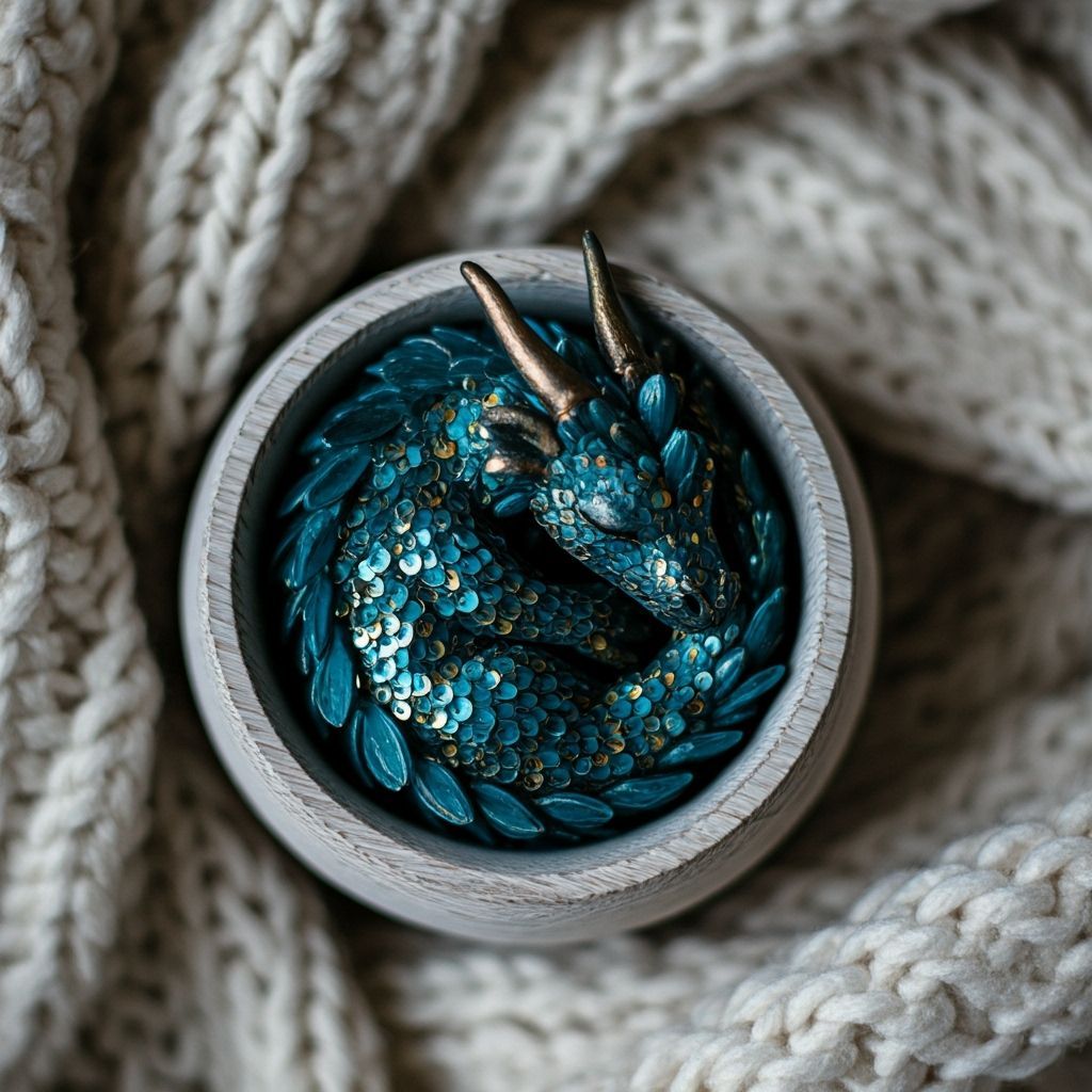 Teal and Gold Dragon Sleeping in Wooden Bowl
