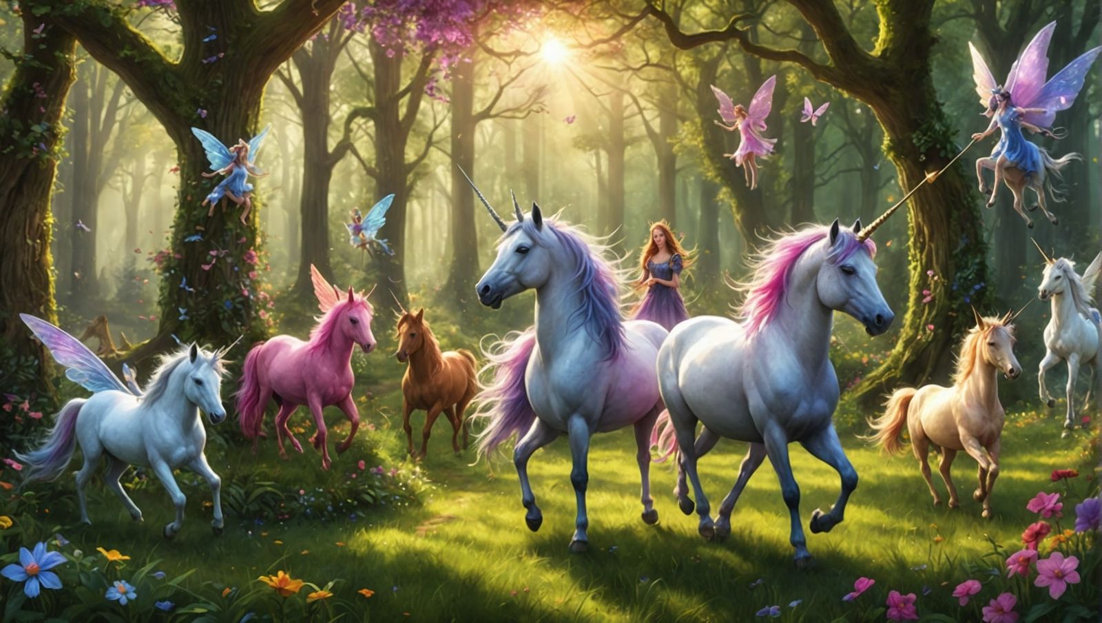 Frolicking Fairies and Unicorns in Dreamy Sunlight