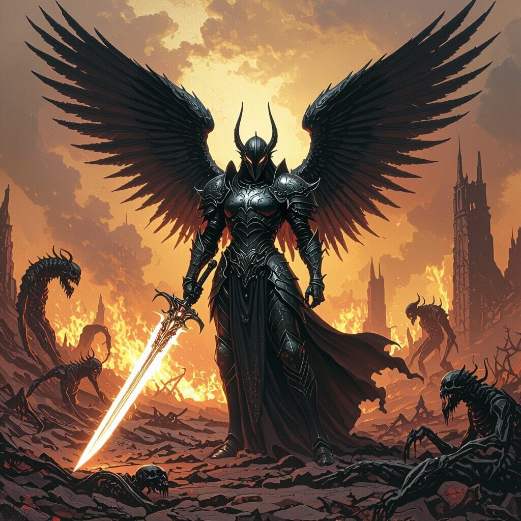 Armored Angel Battles Demons in Ruined Landscape