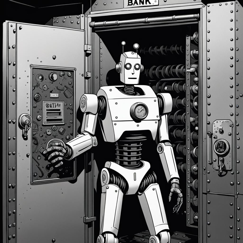 Robot Detective in Bank Vault: 1950s Comic Style