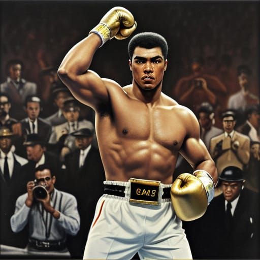 Action painting, Harlem Renaissance. 1963. Cassius Clay poses holding up his golden boxing Heavyweight Champion Belt in ...