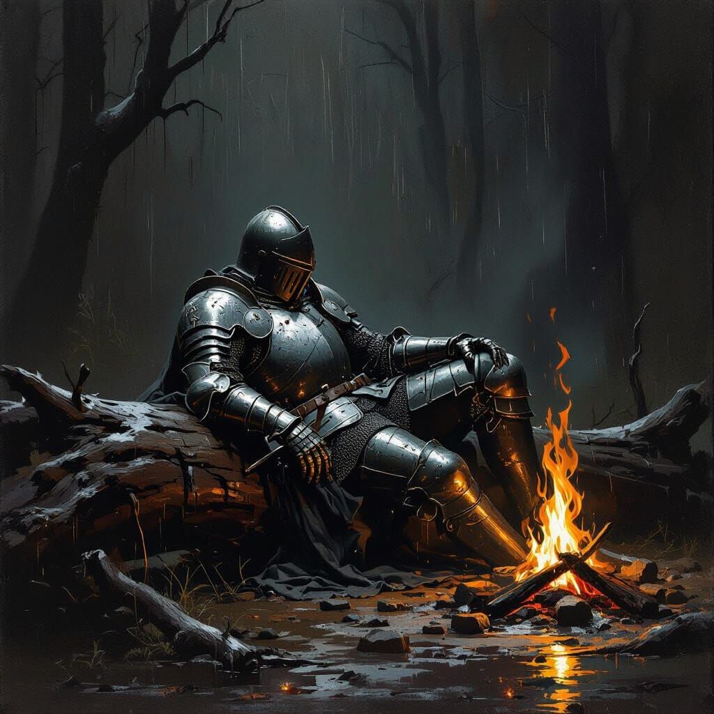 Knight's Sorrow: Defiant Fire in Dark Fantasy Landscape
