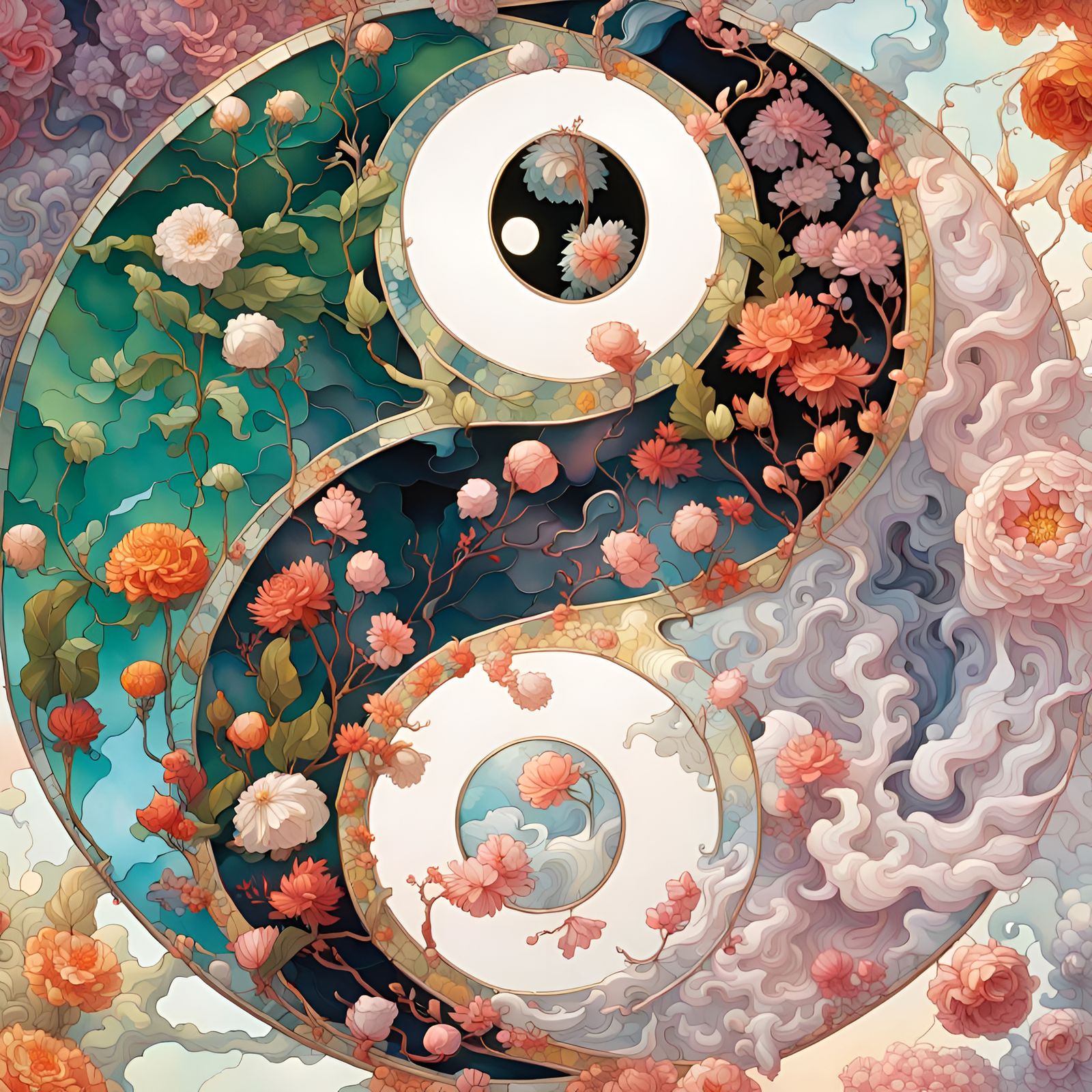 Floral Yin Yang Stained Glass in Maximalist Style