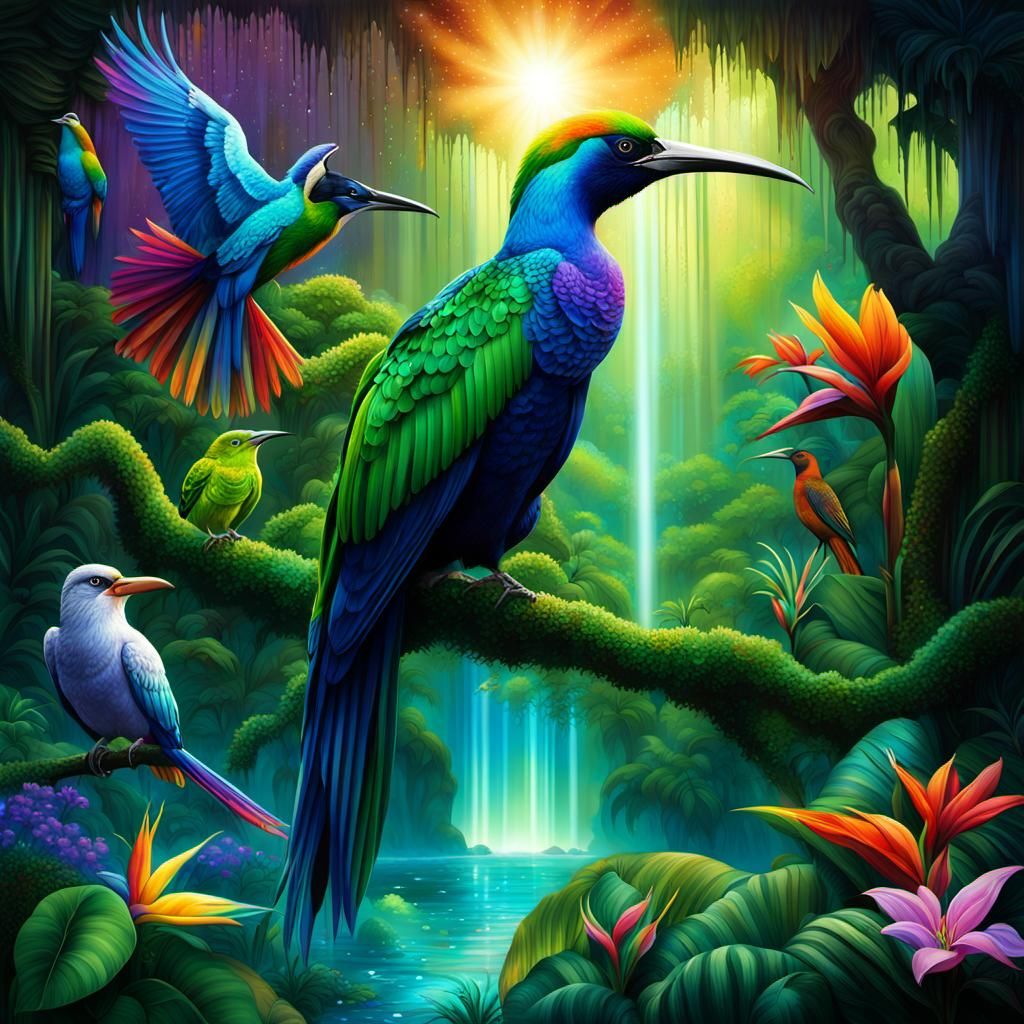 Exotic Birds in a Sunlit Rainforest