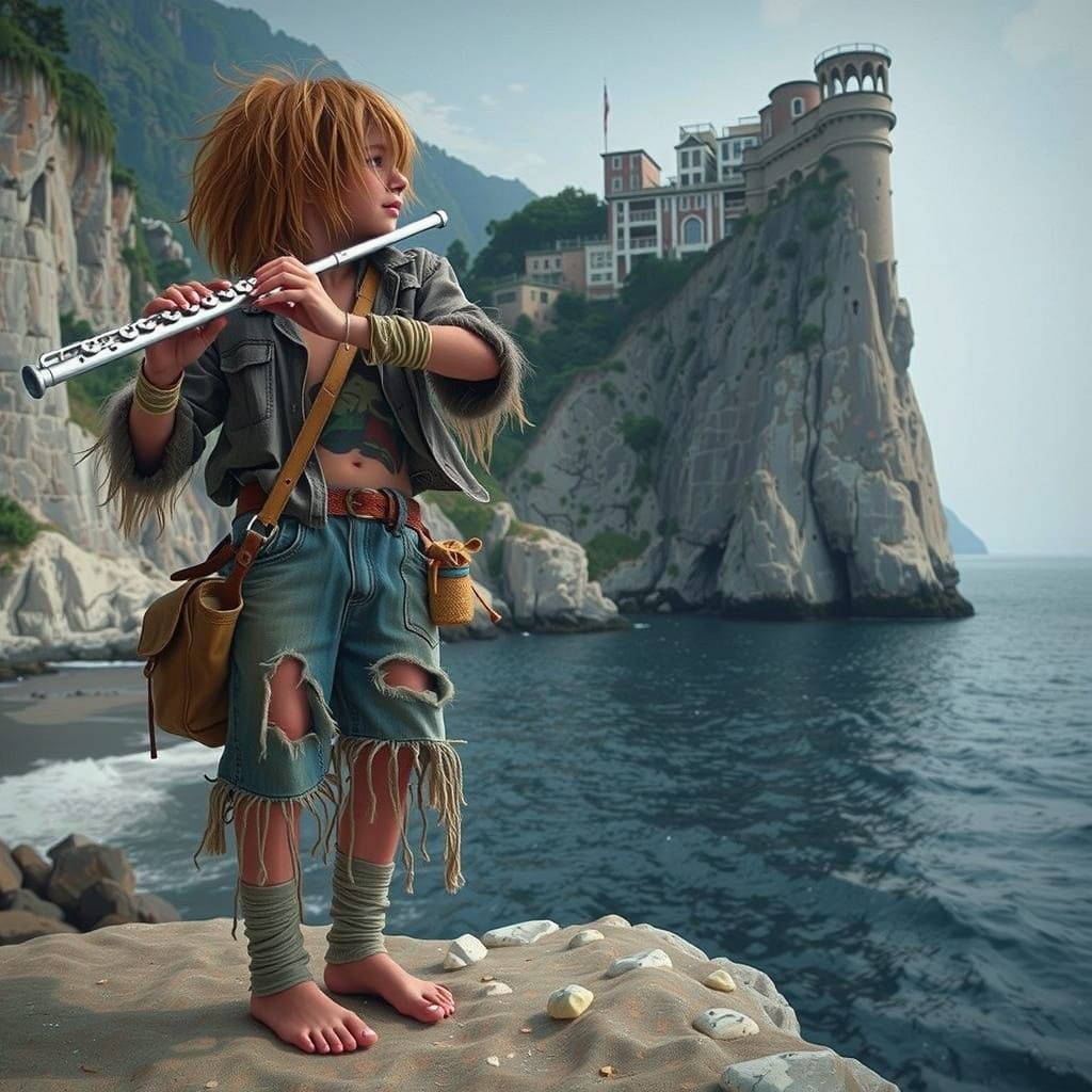 Man Playing Flute in Dreamy Outdoor Landscape