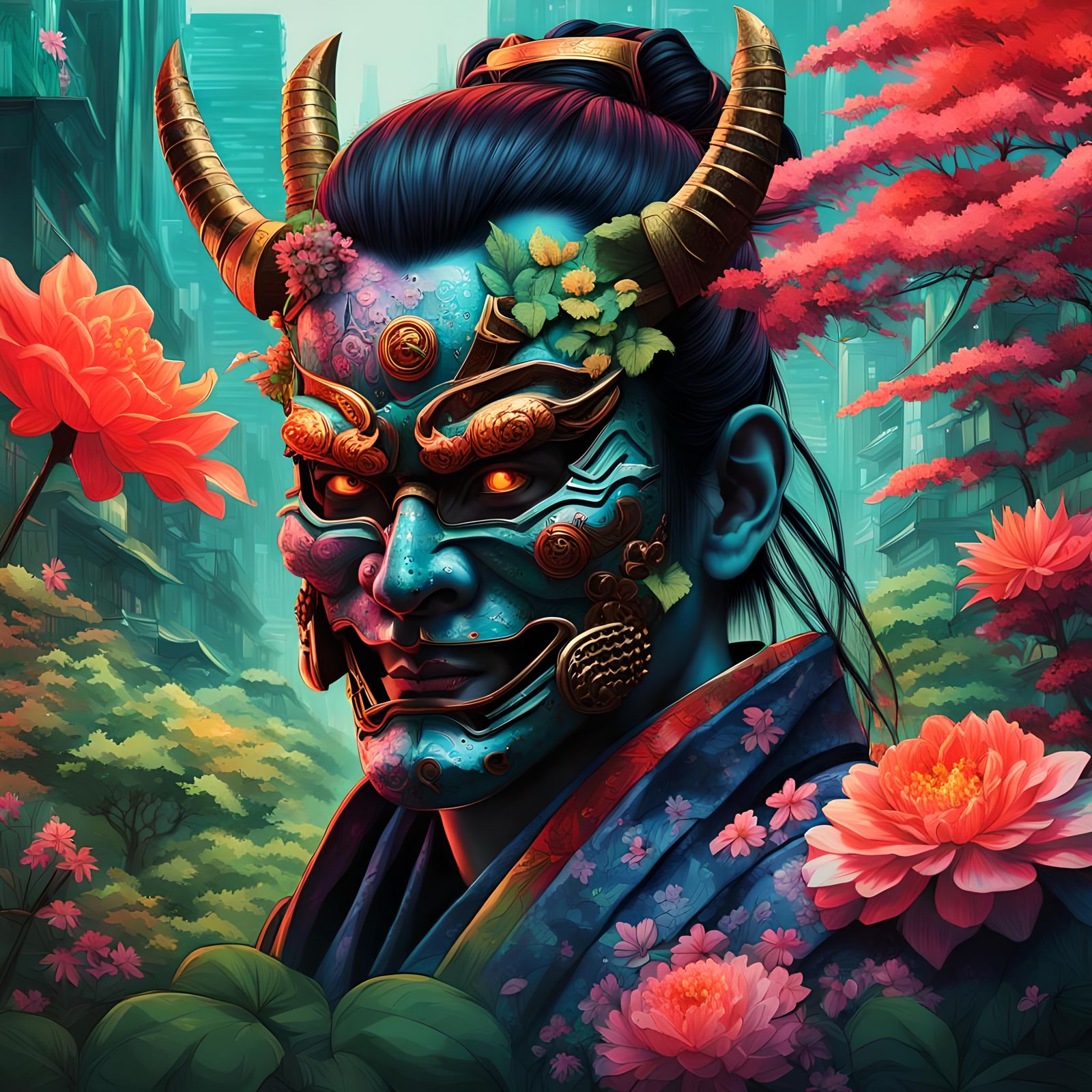 Samurai Warrior and Geisha in Neon Cityscape