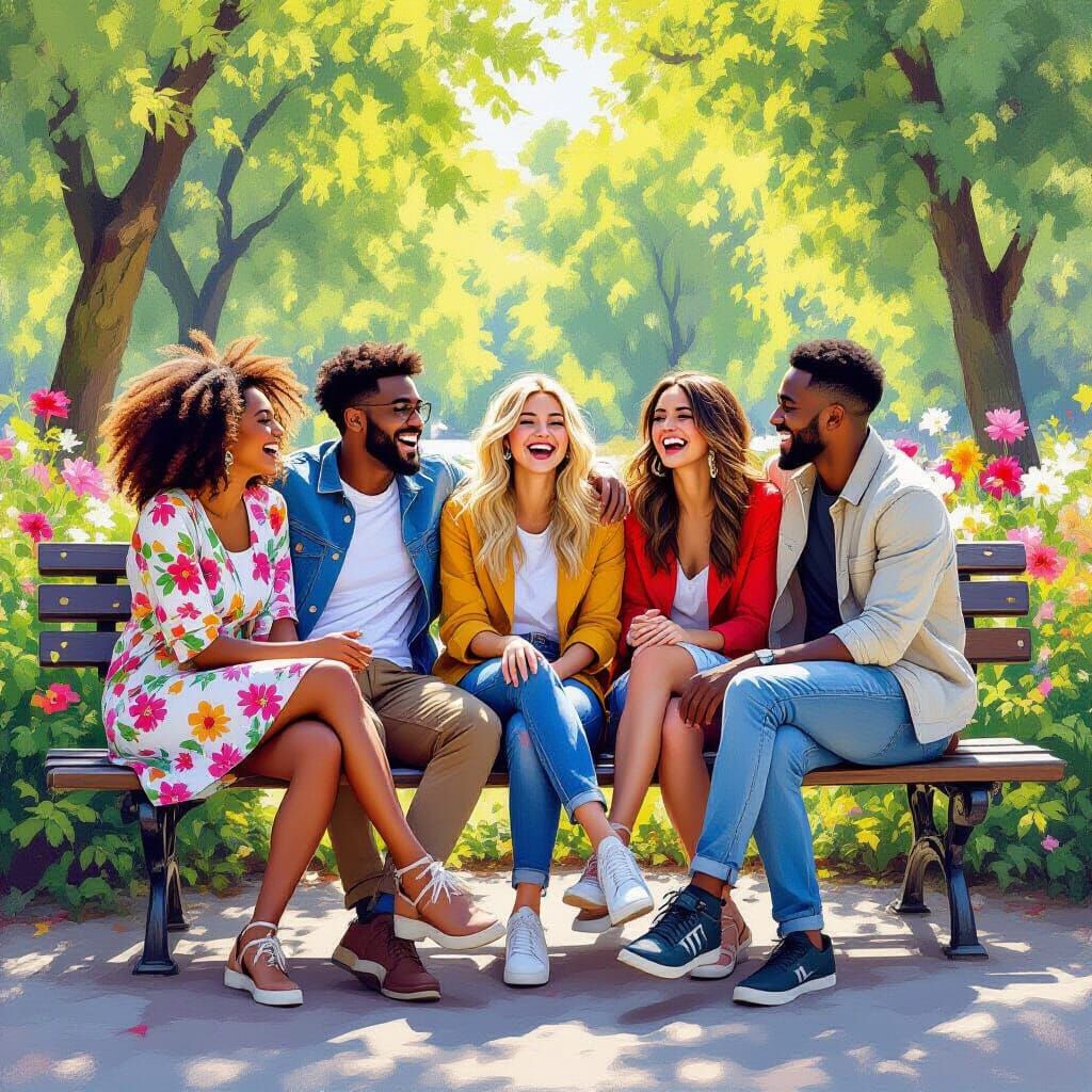 Diverse Friends Laughing in Sunny Impressionist Garden