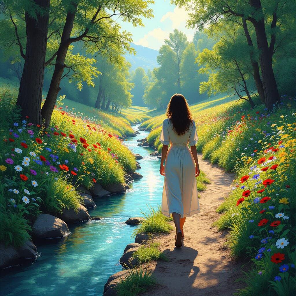 Woman Walks Beside Stream in Hyperrealistic Style